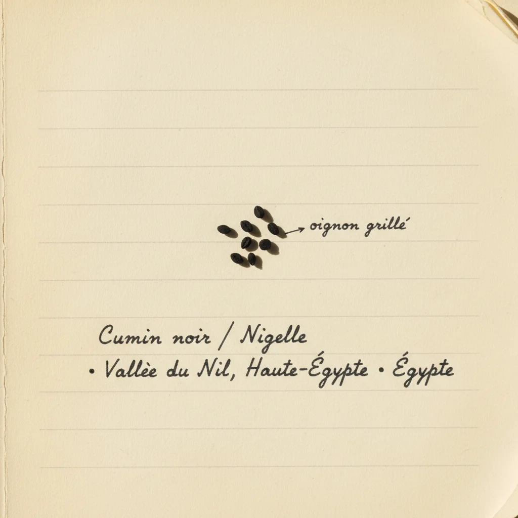 Graines noires anguleuses de nigelle (cumin noir) en gros plan sur un linge écru