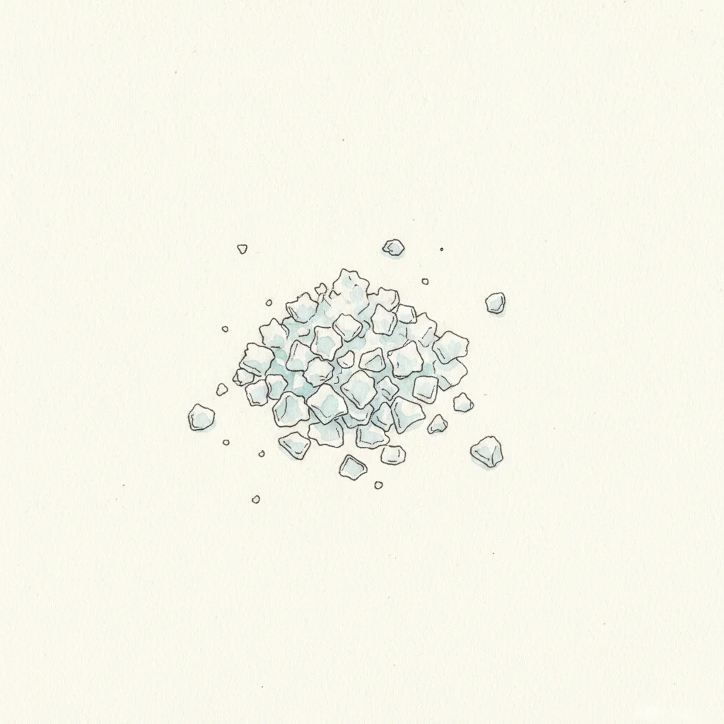 Diamond Crystal kosher salt, light hollow white flakes in a loose mound, macro on a dark matte background