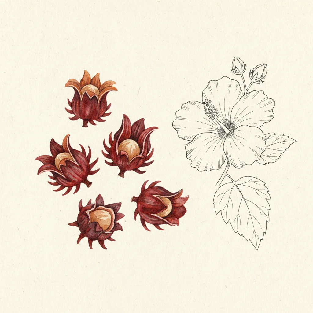 Dried hibiscus calyces, deep wine-red curled flor de Jamaica pieces, macro on a dark matte background