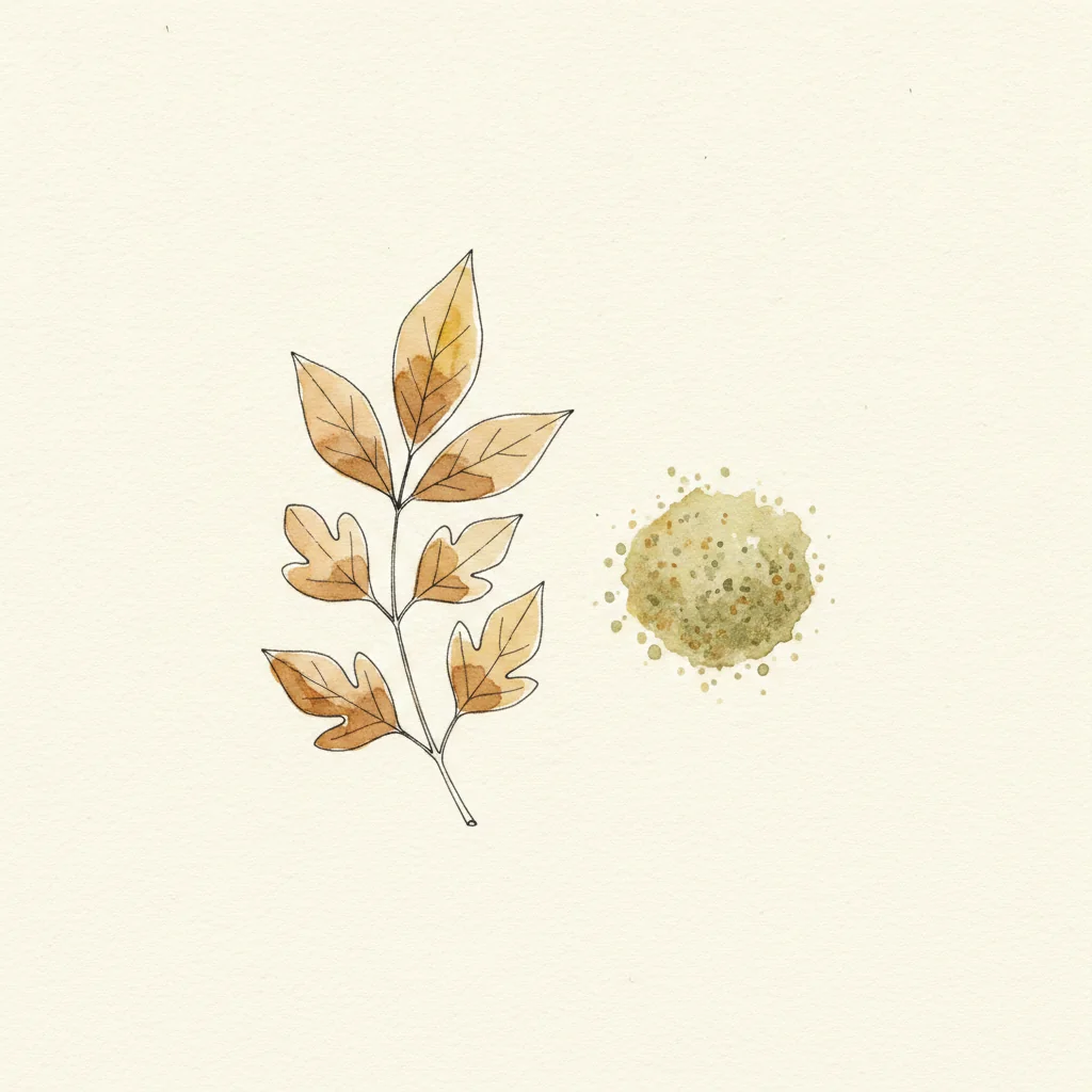 Fine sage-green filé powder, ground sassafras leaf, in a small heap with a wooden spoon on a dark matte background