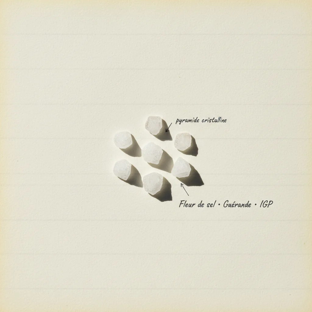 Plaquettes de fleur de sel de Guérande IGP, cristaux pyramidaux blanc nacré sur fond mat sombre