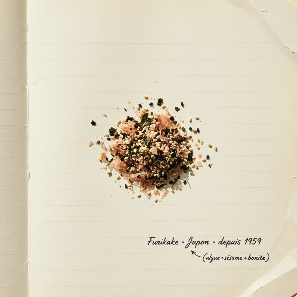 Bol de riz blanc japonais saupoudré de furikake — flocons noirs de nori, graines de sésame dorées et noires, particules de bonite visibles
