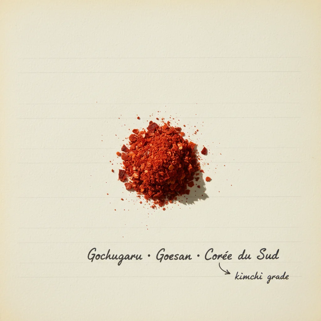 Flocons de gochugaru rouge orangé en gros plan, texture grossière irrégulière, présentés dans un bol en céramique blanche
