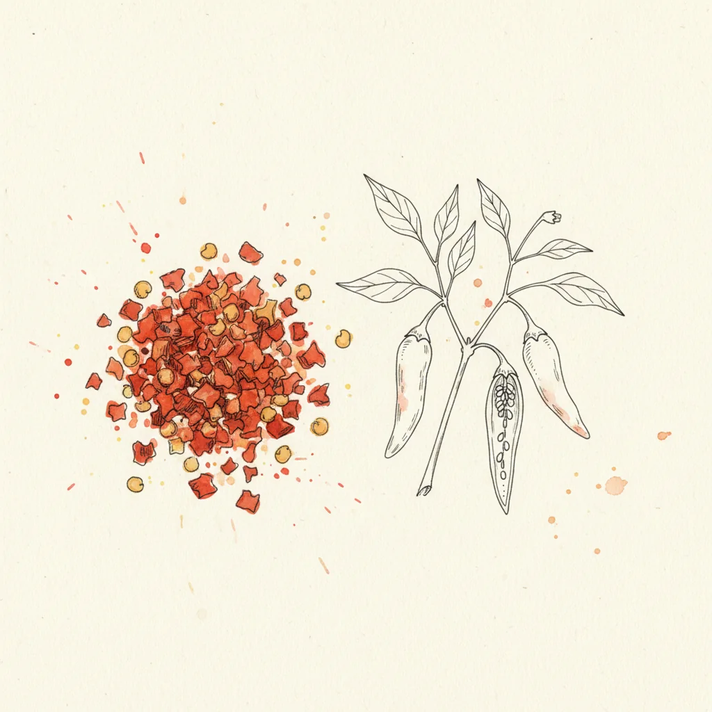 Bright red-orange gochugaru flakes in macro, coarse irregular texture, in a white ceramic bowl