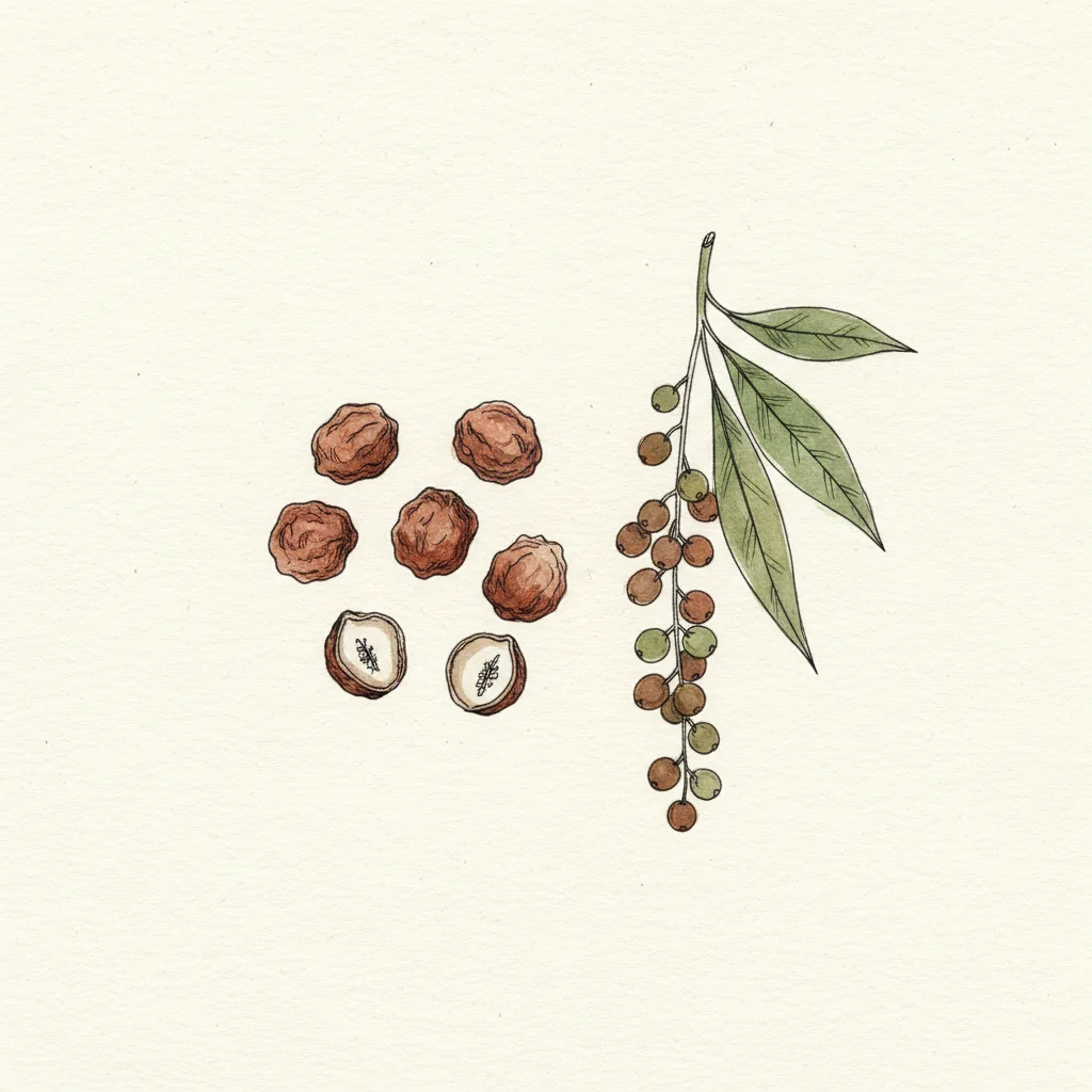 Reddish-brown grains of paradise seeds, small and glossy, in a rough ceramic dish on a dark matte background