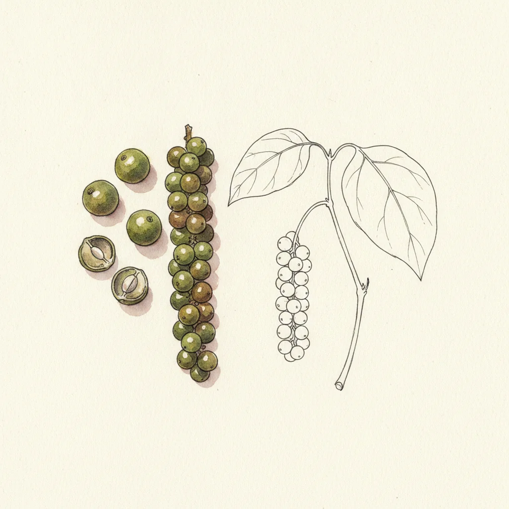 Fresh green peppercorns in brine, soft green berries in a clear glass jar of pale liquid