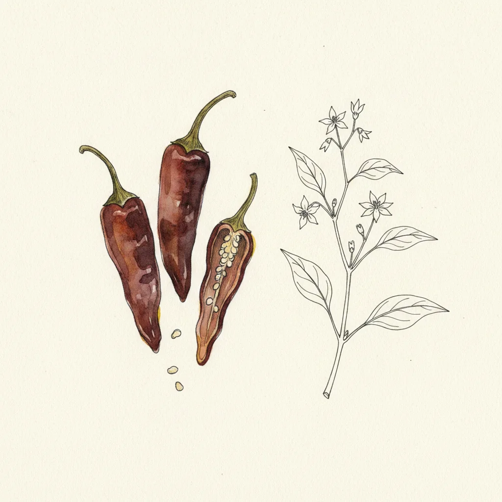 Several long deep-burgundy dried guajillo chile pods, glossy and leathery, fanned out on a pale surface