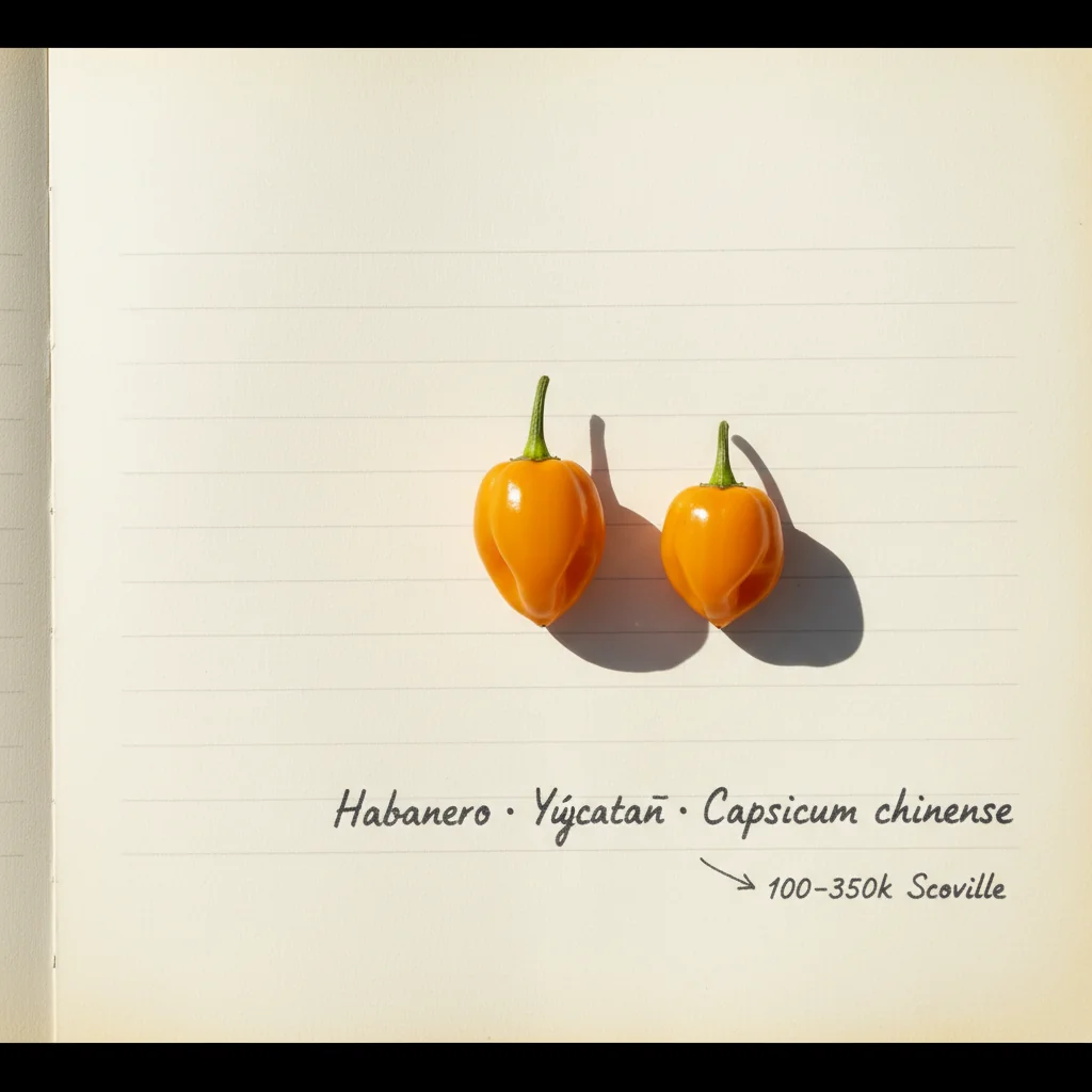 Piments habanero orange vif en gros plan, fruits ridés caractéristiques, sur planche bois sombre avec gants alimentaires en arrière-plan