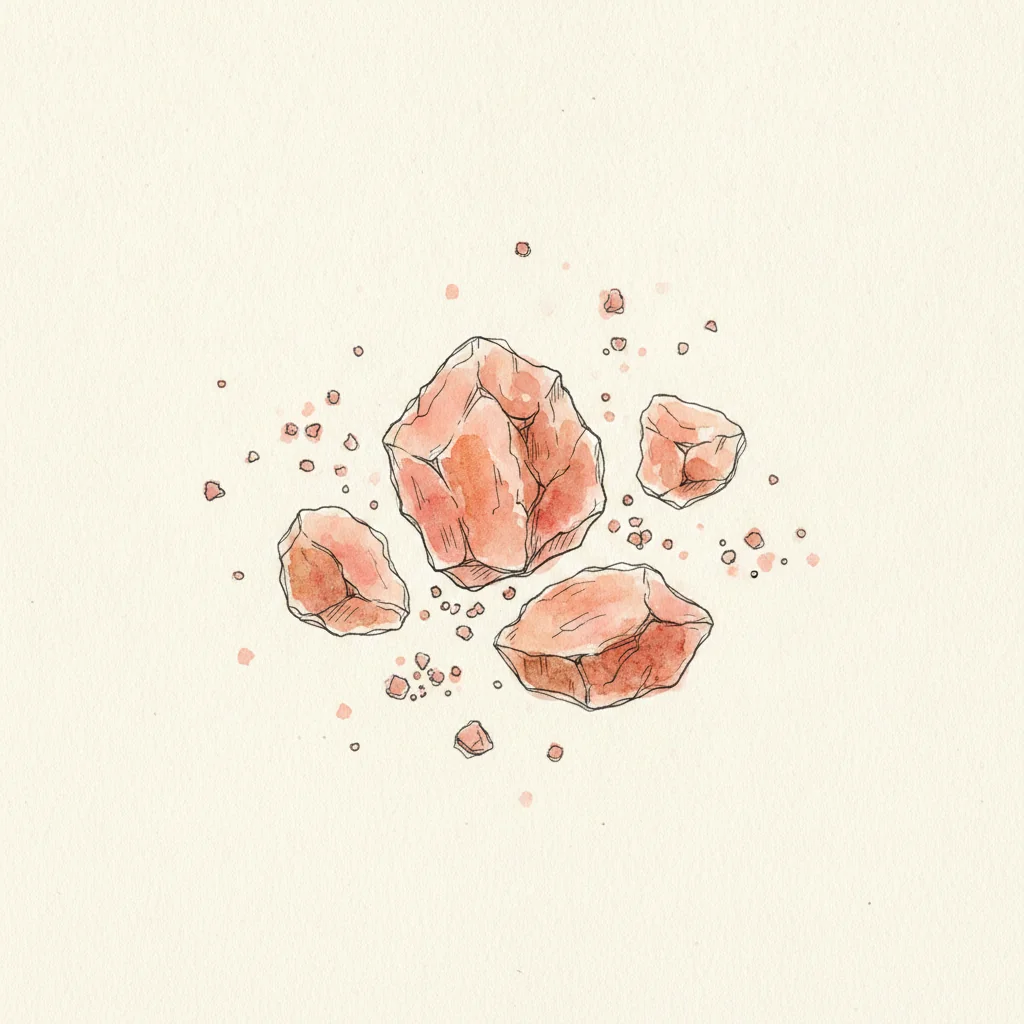 Pink Himalayan salt crystals, translucent salmon-pink color, macro close-up on a gray background