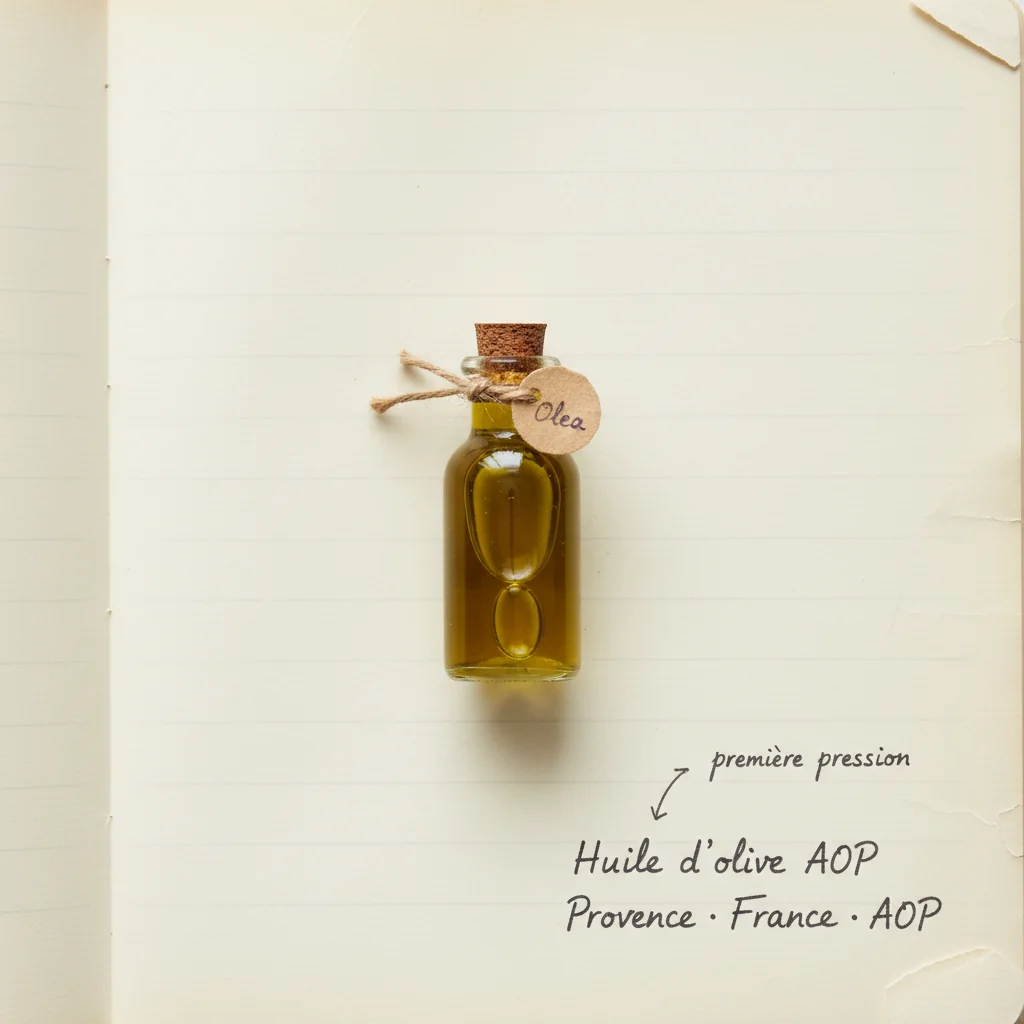 Bouteille en verre teinté d'huile d'olive AOP Provence avec un filet d'huile versé sur une assiette blanche