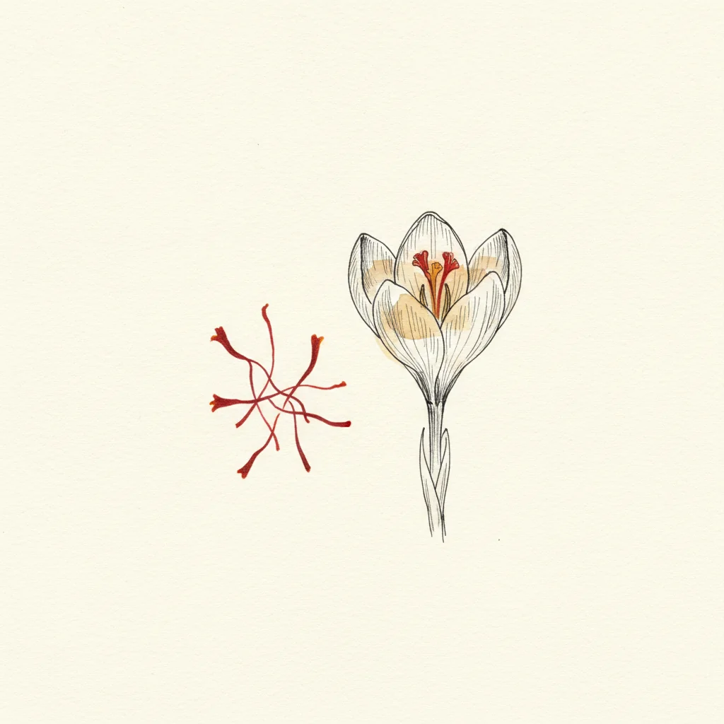 Pure red Iranian Sargol saffron threads heaped on a cream background, whole stigma tips with no yellow style