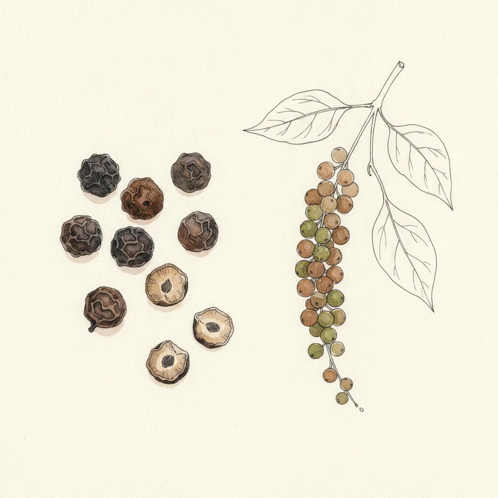 Whole Kampot black peppercorns, matte black with dark brown highlights, on a pale wooden spoon