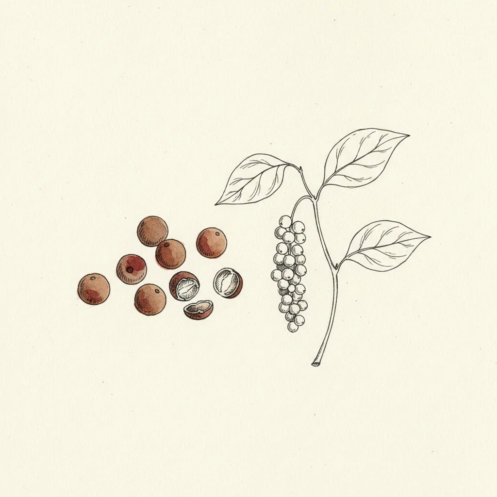 Whole Kampot red peppercorns, deep red berries with coppery brown highlights, macro close-up on a cream background