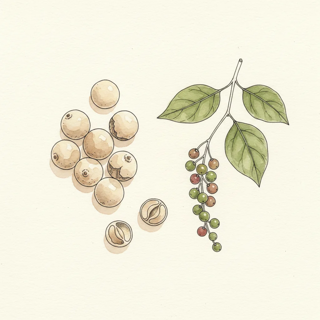 Kampot white pepper IGP, even ivory-cream round grains, on natural linen in soft light