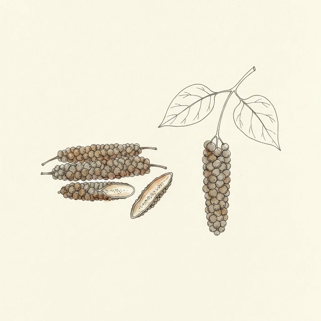 Whole Java long pepper catkins, slender grey-brown spikes with a textured fused-fruit surface, macro on a dark matte background