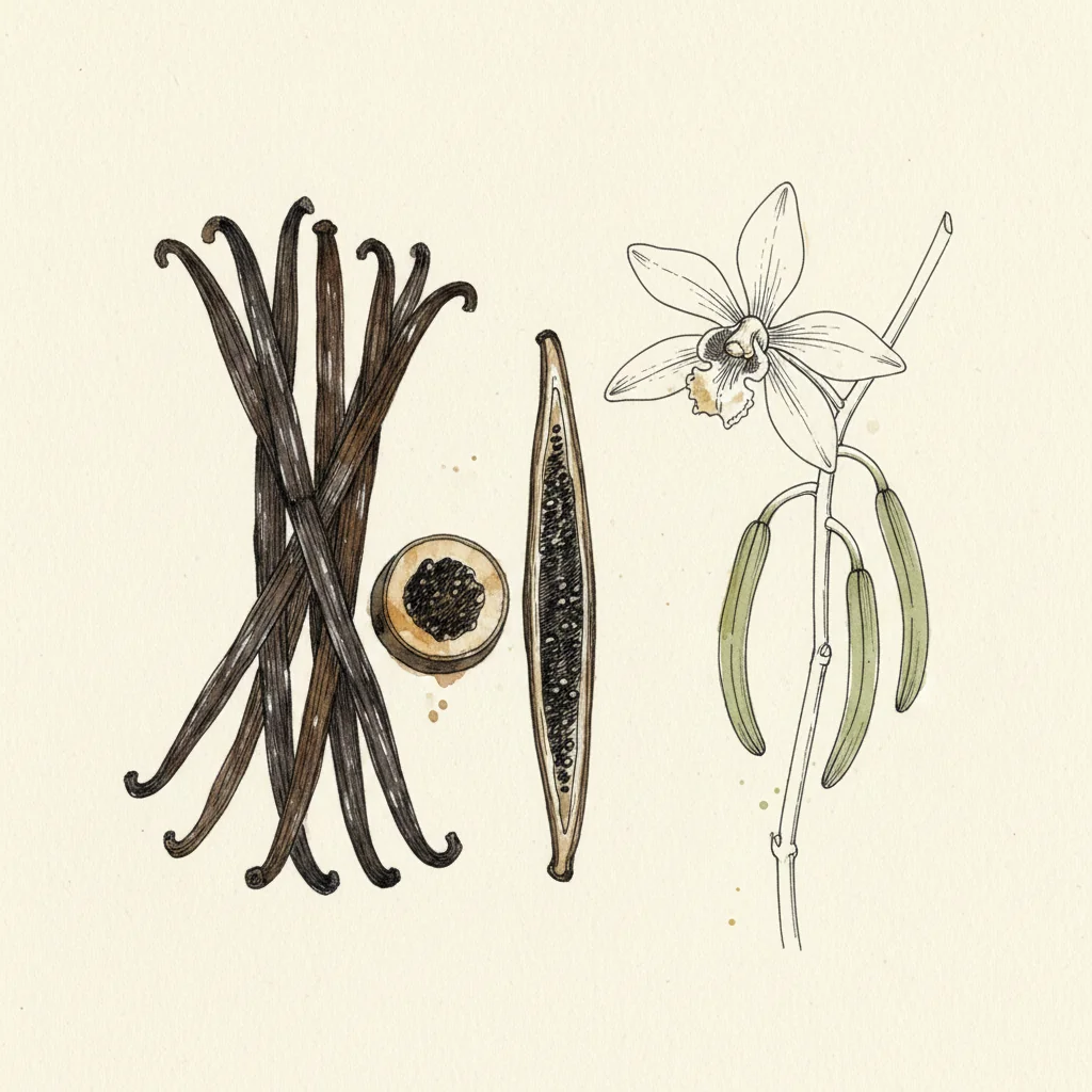 Three split Madagascar Bourbon vanilla pods on a wooden board, glossy black seeds visible inside
