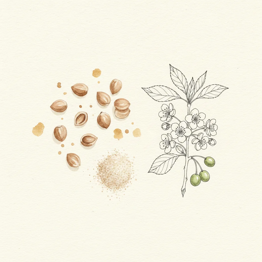 Ground mahleb spice, pale cream powder beside whole tan cherry kernels, macro on a dark matte background