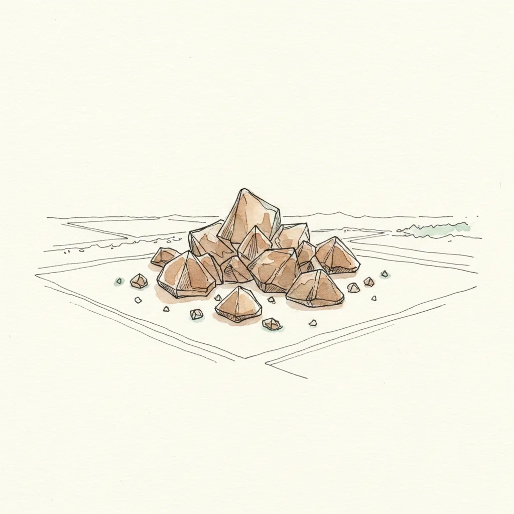 Maldon smoked sea salt, amber-tinged pyramid flakes, macro on a dark matte background