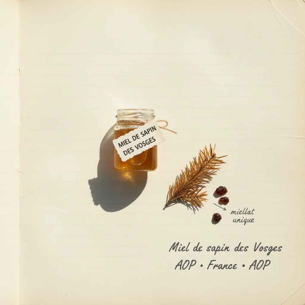 Pot en verre de miel de sapin des Vosges sombre et épais, avec une cuillère en bois et une branche de sapin