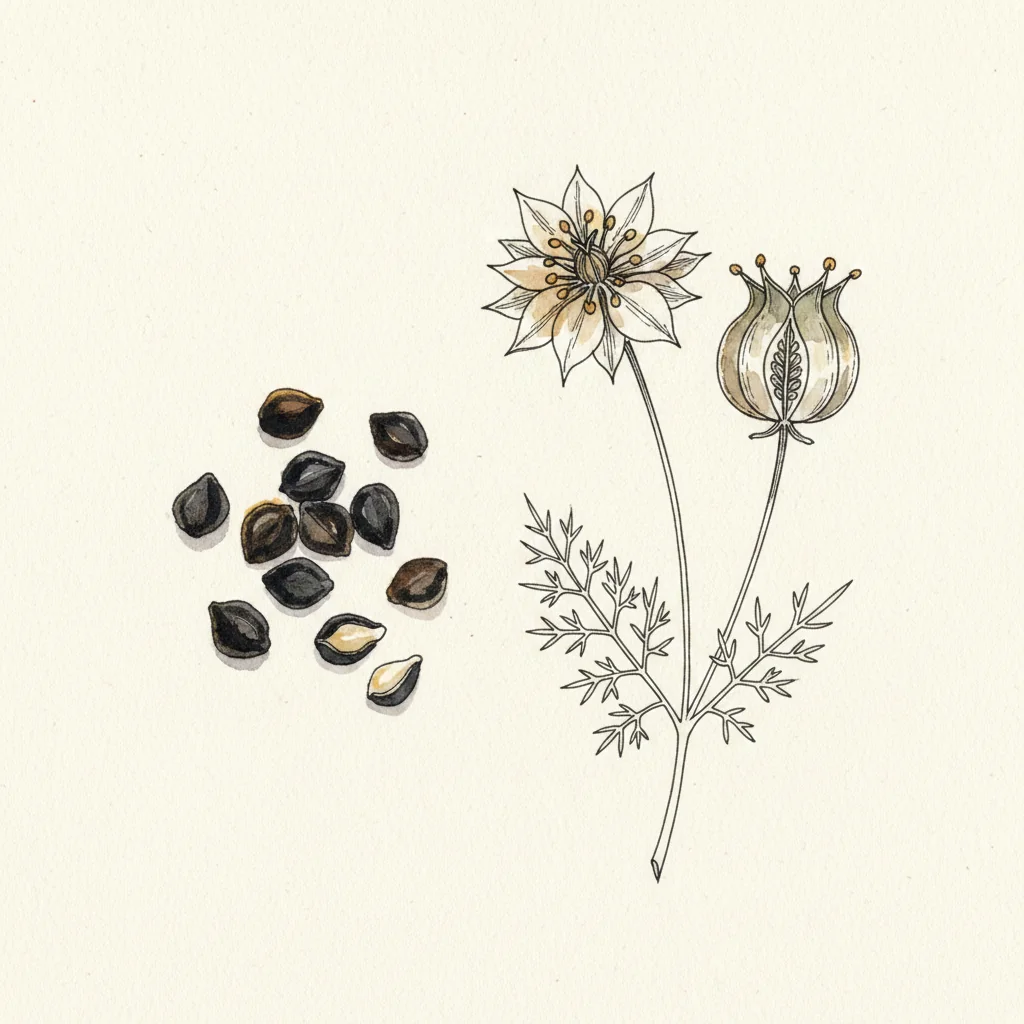 Black angular nigella seeds (black cumin) in macro on a pale linen cloth, fine ridged skins catching the light