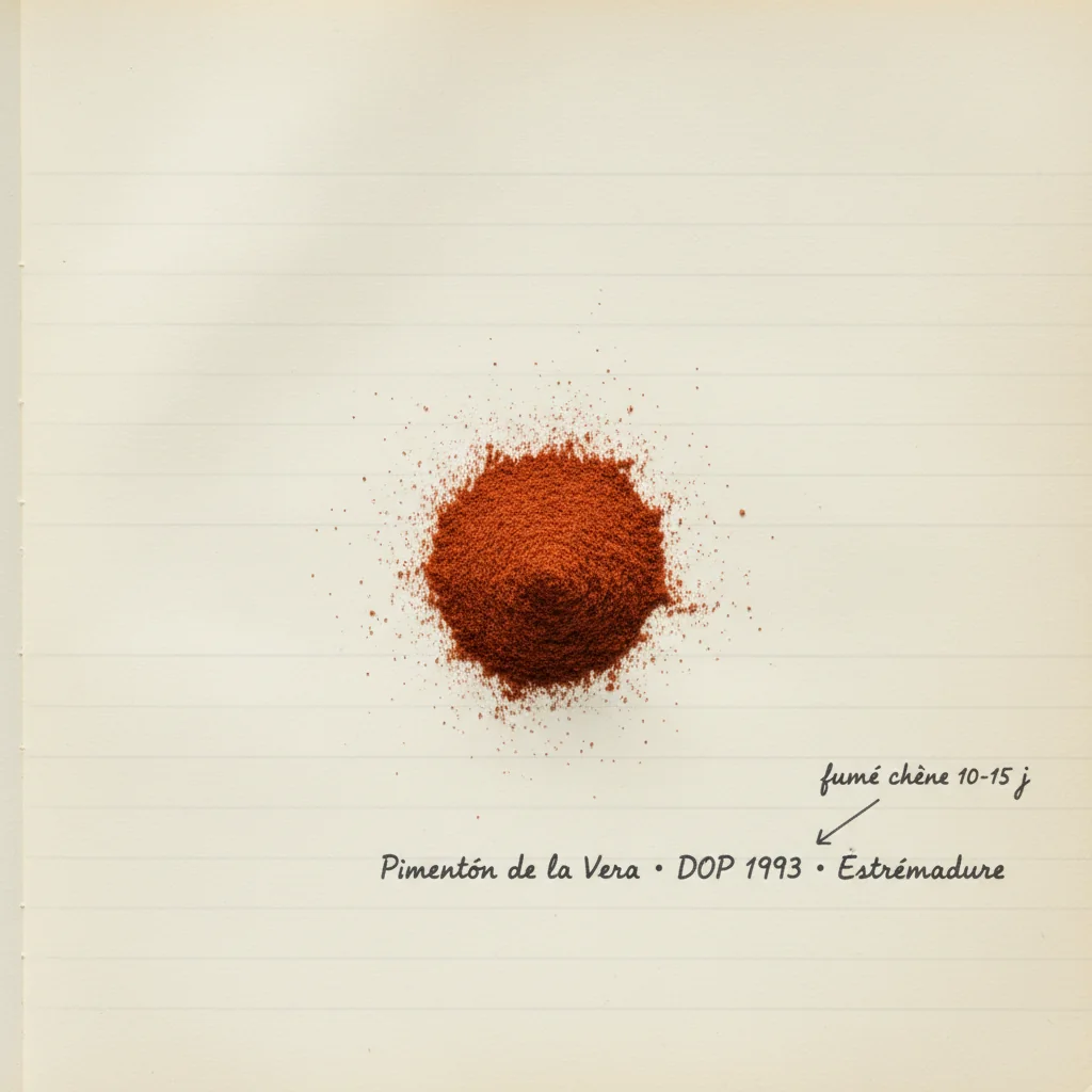 Boîte métallique ouverte de pimentón de la Vera DOP, poudre rouge sombre, posée sur planche en bois brut