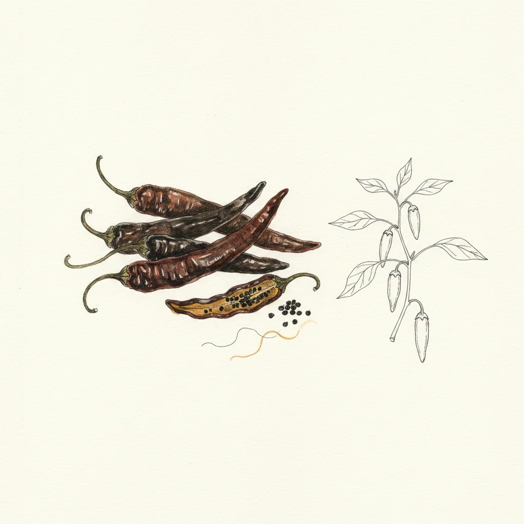 Whole dried pasilla de Oaxaca chiles, wrinkled dark reddish-brown skin with a smoky sheen, macro on a dark matte background