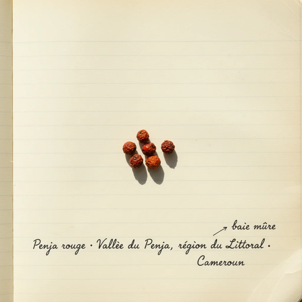 Grains de poivre rouge de Penja, robe brun-rouge profond aux reflets cuivrés, présentés dans une coupelle en bois sombre