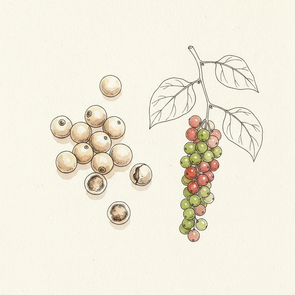 Penja white pepper grains in macro, ivory-cream beads with a faint sheen, on a natural linen cloth
