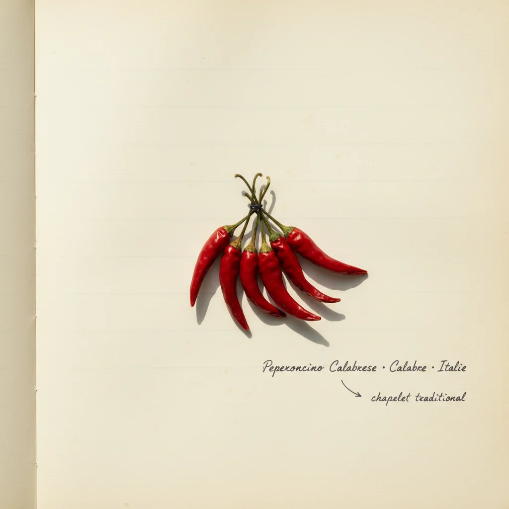 Chapelet de piments calabrese séchés rouge profond suspendu contre un mur de pierre claire, lumière chaude du sud