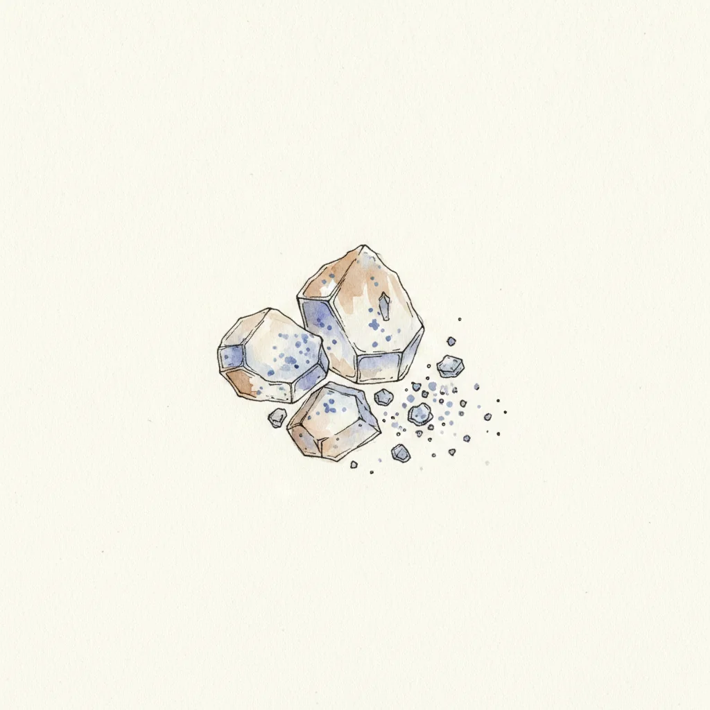 Persian blue salt crystals, pale-blue to translucent indigo, macro close-up with a kaleidoscopic flash on a dark matte background