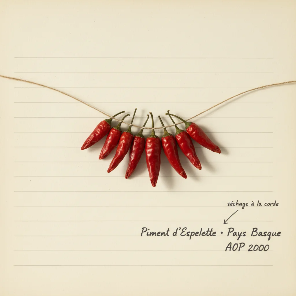 Poudre de piment d'Espelette AOP rouge brique présentée dans une cuillère en bois, à côté d'une corde de piments séchés sur fond pierre claire
