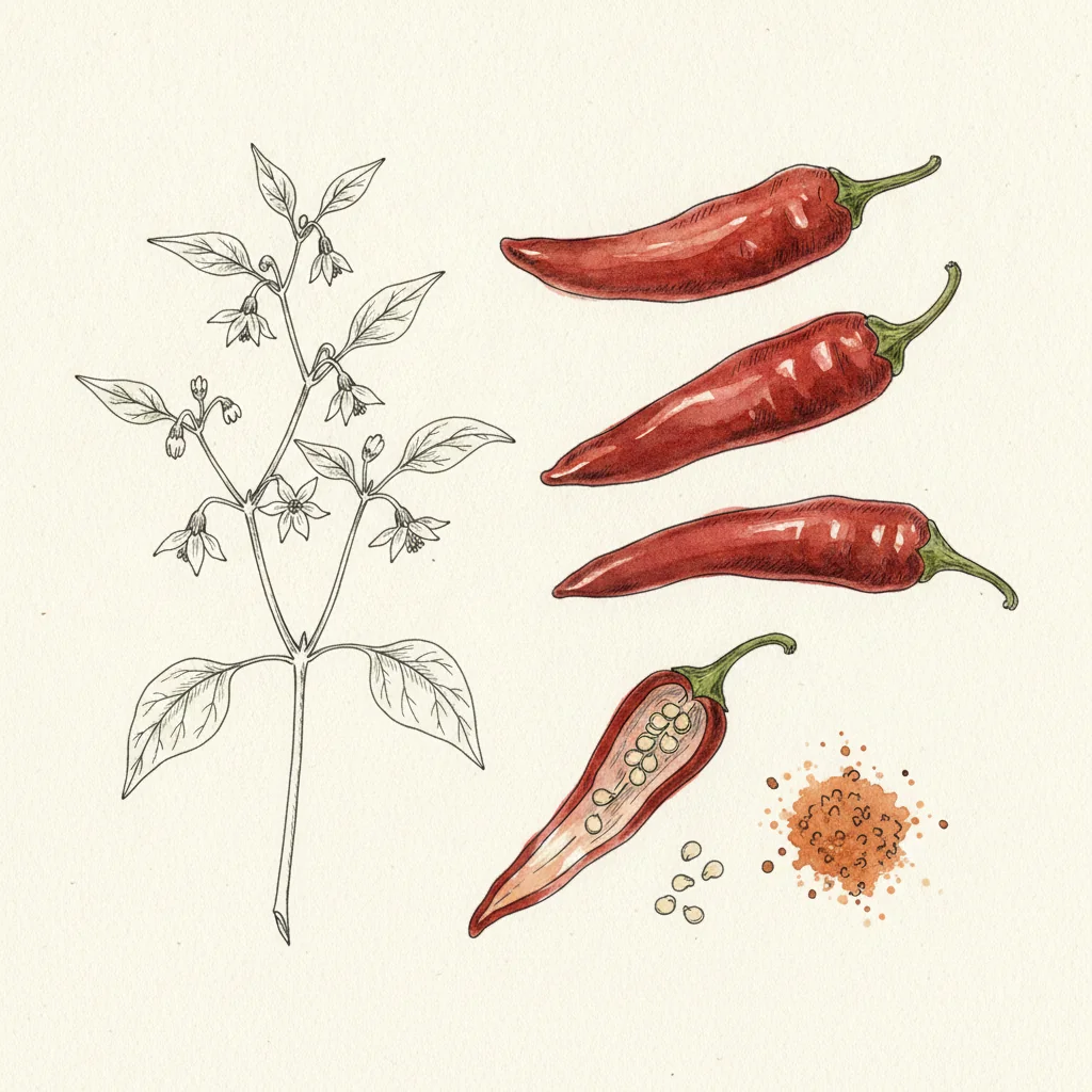 Brick-red Espelette pepper powder in a small white bowl, coarse-milled, with a dried red Gorria chili pod beside it