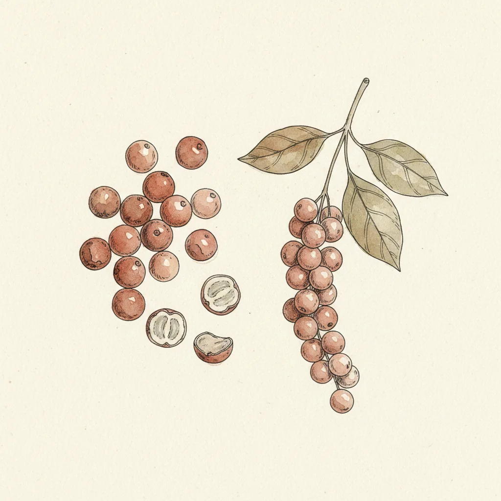 Pink peppercorns, whole berries with a translucent bright-rose skin, macro on a bright white background