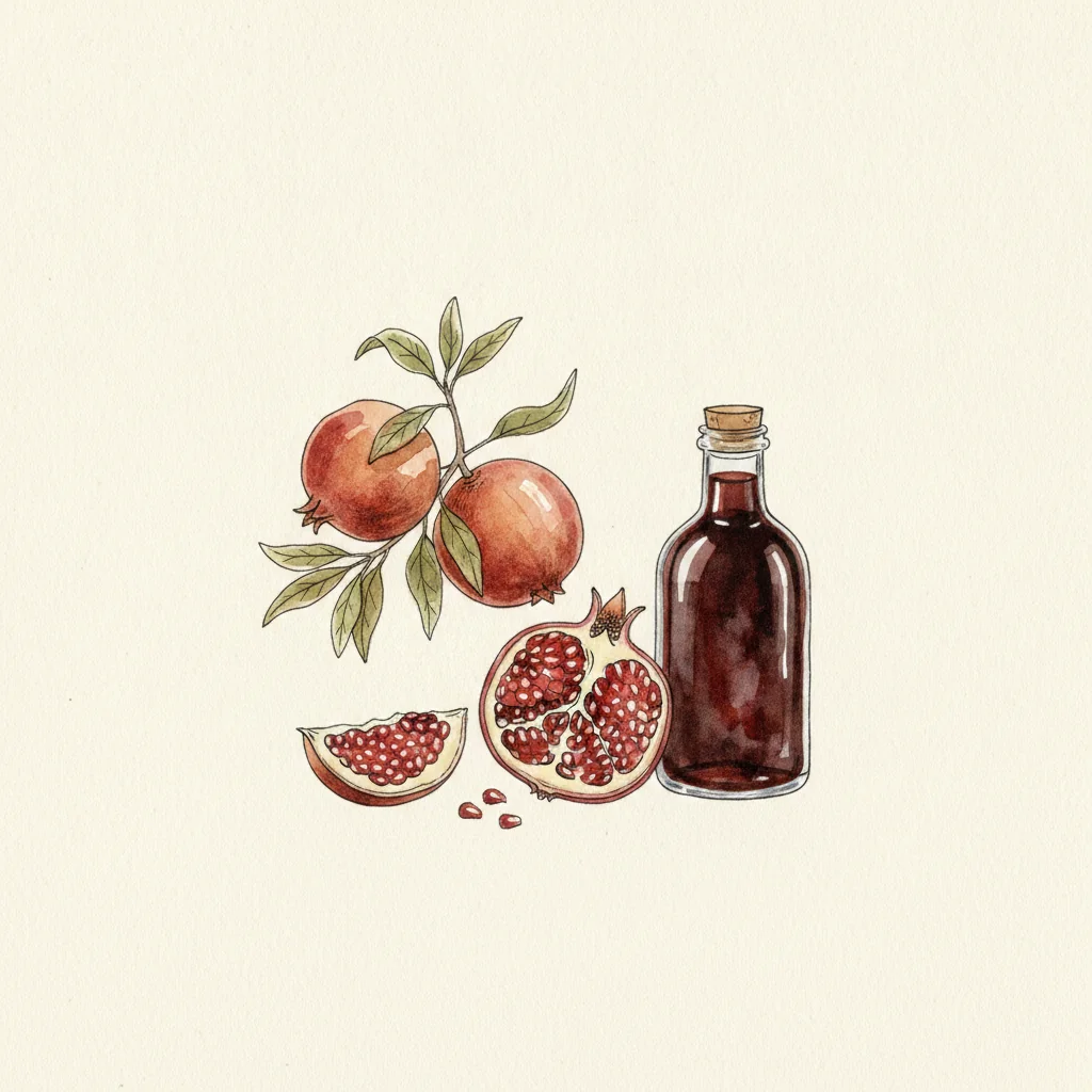 Pomegranate molasses, a thick dark crimson syrup pooling glossily off a spoon, with a few ruby pomegranate seeds, macro on a dark matte background