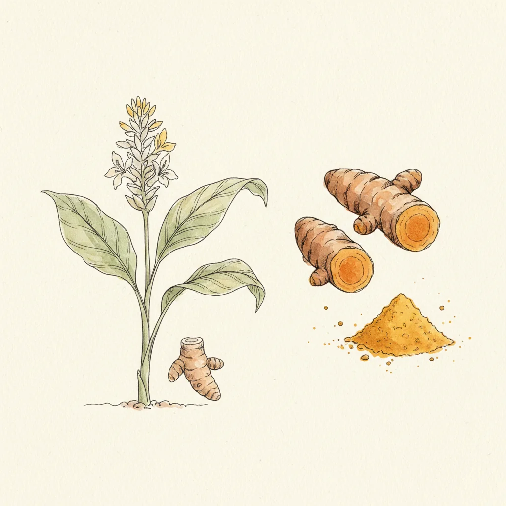 Small mound of fresh-milled turmeric powder, vivid saffron-orange, in a wooden spoon on a mineral background