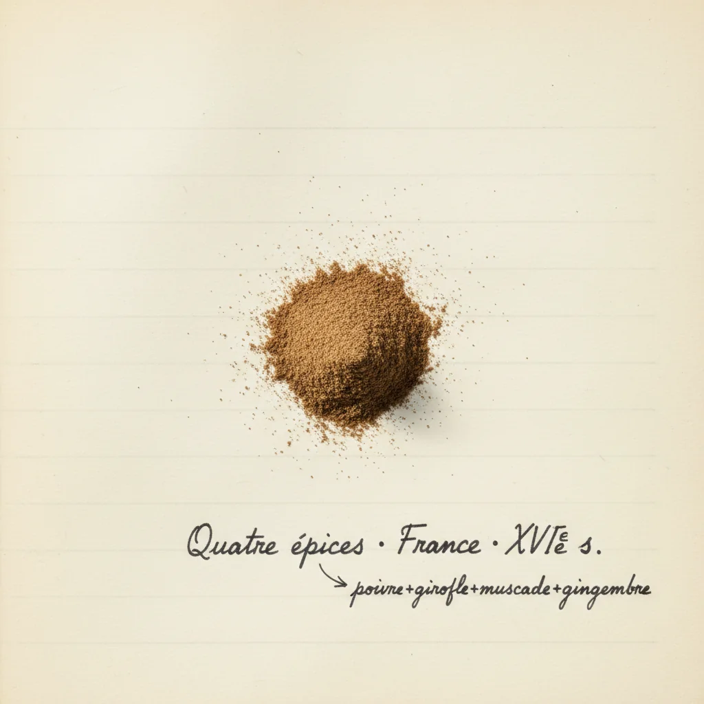 Quatre tas séparés sur ardoise sombre : poivre noir moulu, clous de girofle entiers, muscade râpée, gingembre en poudre — composition didactique