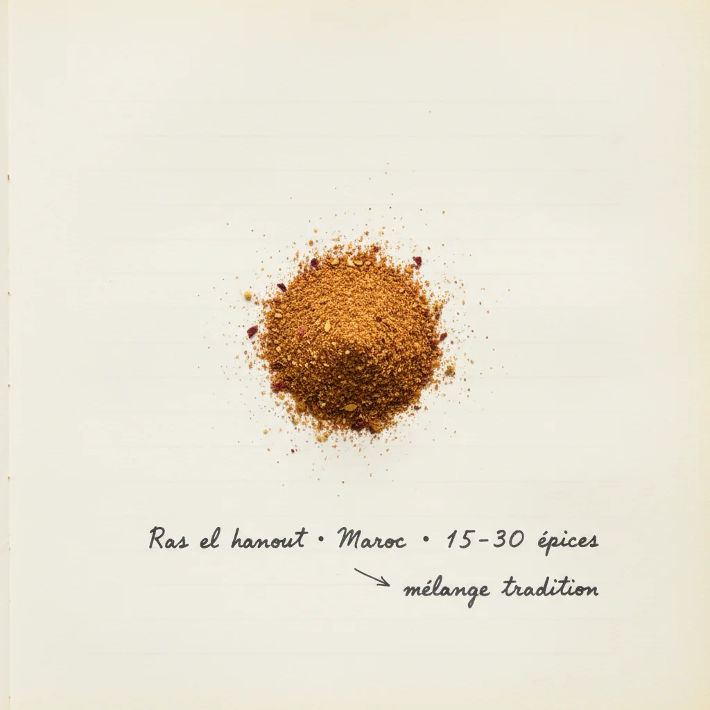 Tas de ras el hanout marocain ocre-rosé en gros plan, présenté dans un mortier en marbre clair sur fond de zellige bleu