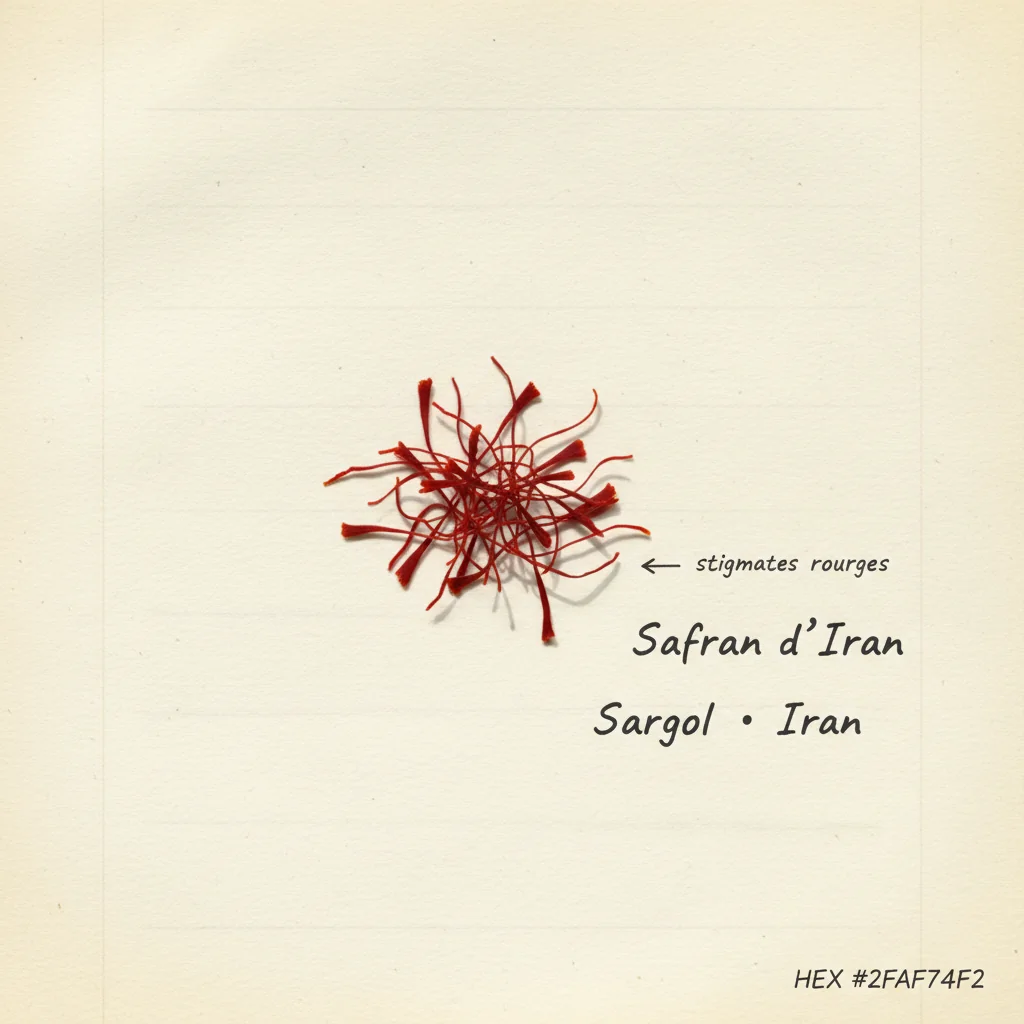 Stigmates rouges de safran Sargol iranien en tas sur fond crème, fibres entières sans style jaune