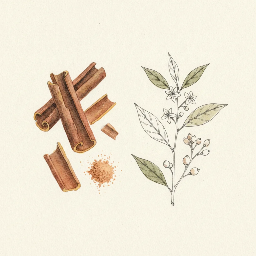 Rolled quills of dark red-brown Saigon cinnamon beside a mound of freshly ground cinnamon on a dark wood board