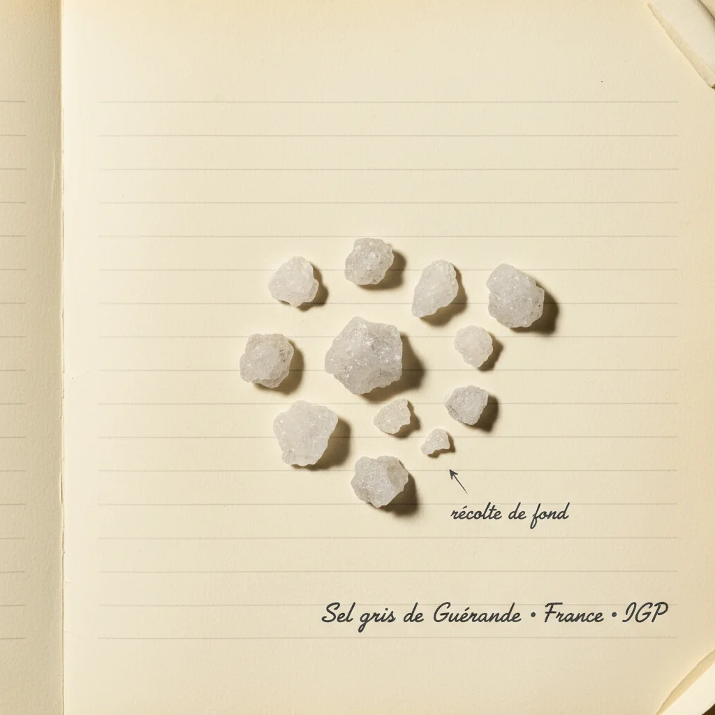 Gros cristaux de sel gris de Guérande IGP, teinte gris-bleu naturelle, sur fond de toile de lin écrue