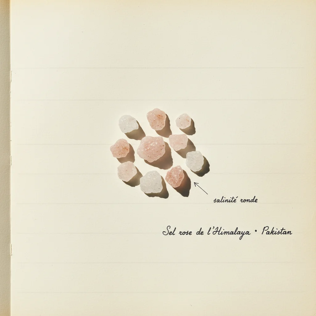 Cristaux de sel rose de l'Himalaya, teinte rose saumoné translucide, gros plan macro sur fond gris