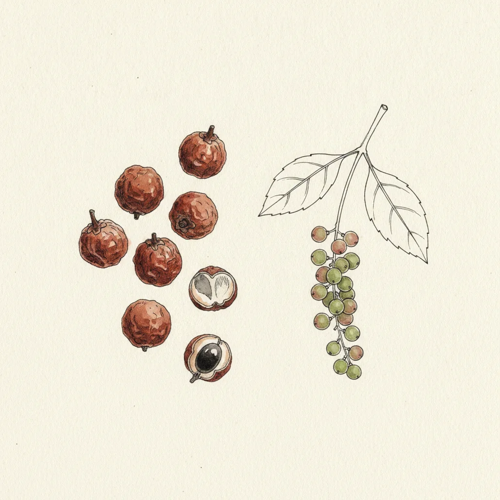 Red Sichuan peppercorn husks, split open and rust-brown with their pale inner shell, macro on a dark slate background