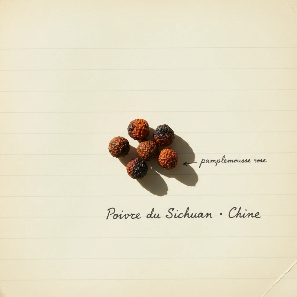 Coques de poivre du Sichuan vert ouvertes, brun-rouge avec leur intérieur clair, sur ardoise sombre
