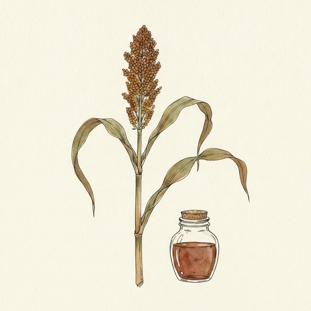 Glass jar of dark amber sorghum syrup pouring off a spoon, beside warm cornbread on a rustic wooden board