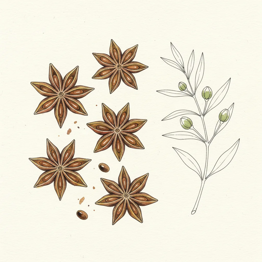 Russet-brown whole star anise pods scattered on a dark wood board in soft light