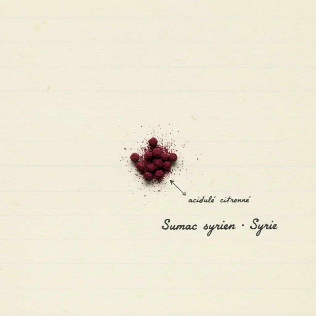 Petit tas de sumac syrien moulu rouge bordeaux, présenté dans une cuillère en bois
