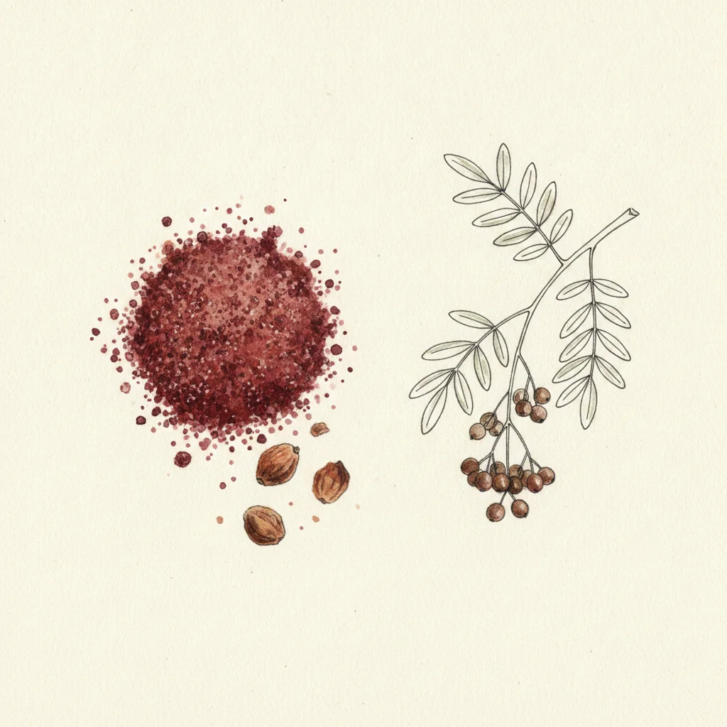 Small mound of ground sumac, deep burgundy red, in a wooden spoon on a mineral background