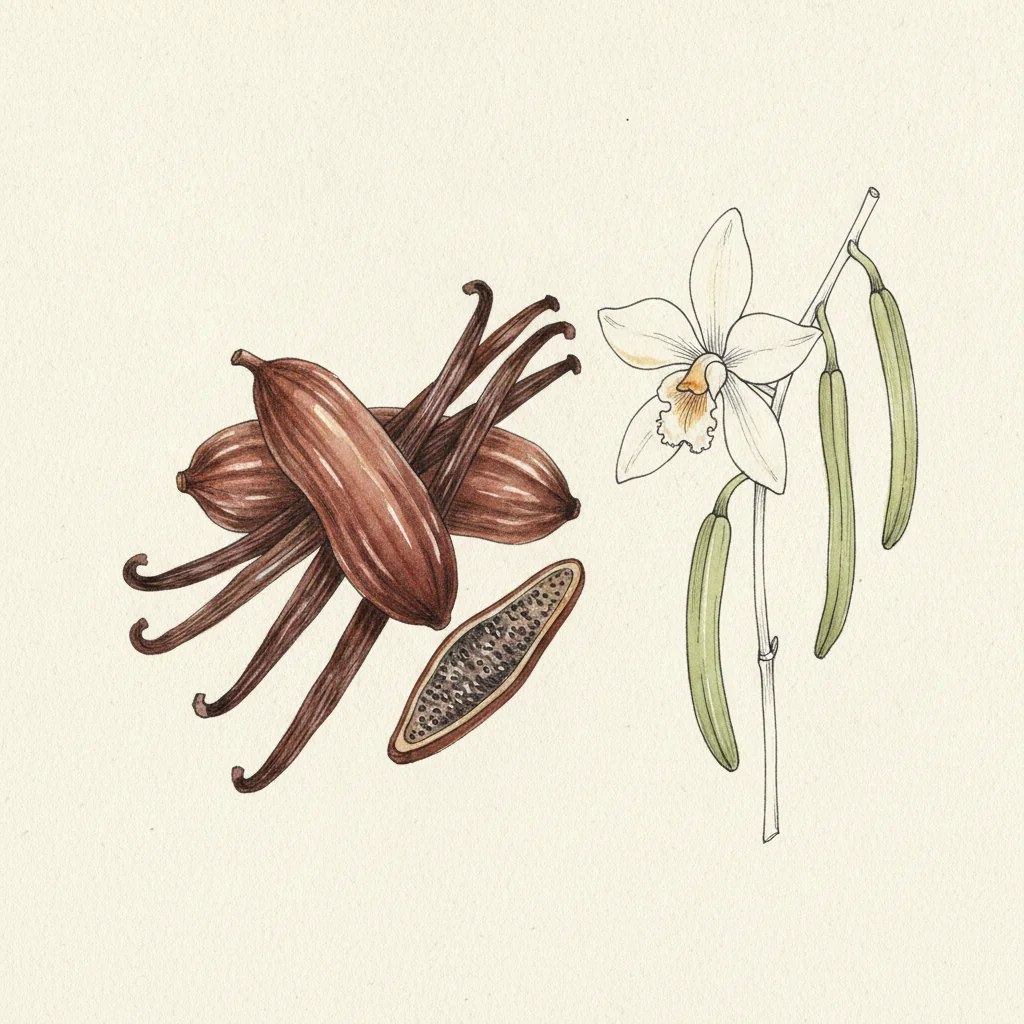 Tahitian vanilla beans, plump dark-brown pods with a glossy smooth skin, macro on a dark matte background
