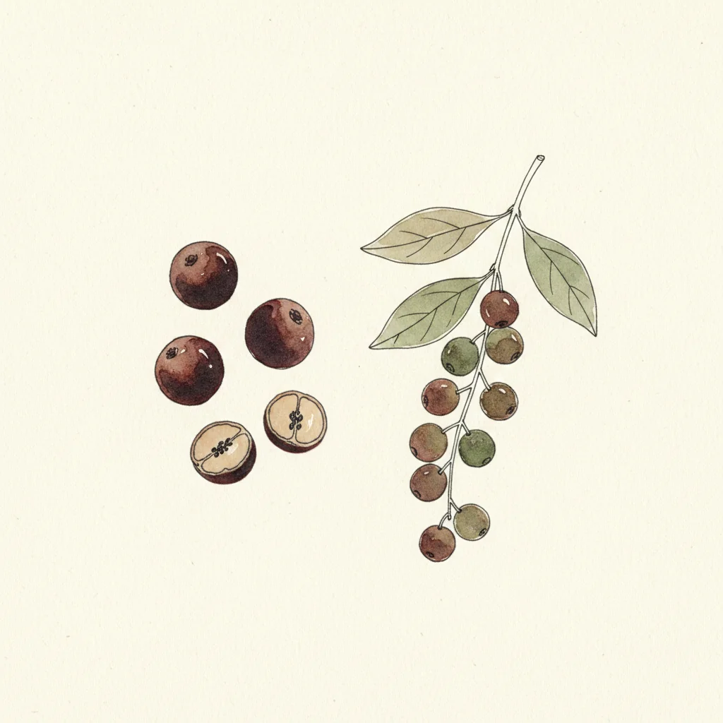 Tasmanian pepperberries, deep purple-black dried berries with violet highlights, macro on a dark matte background