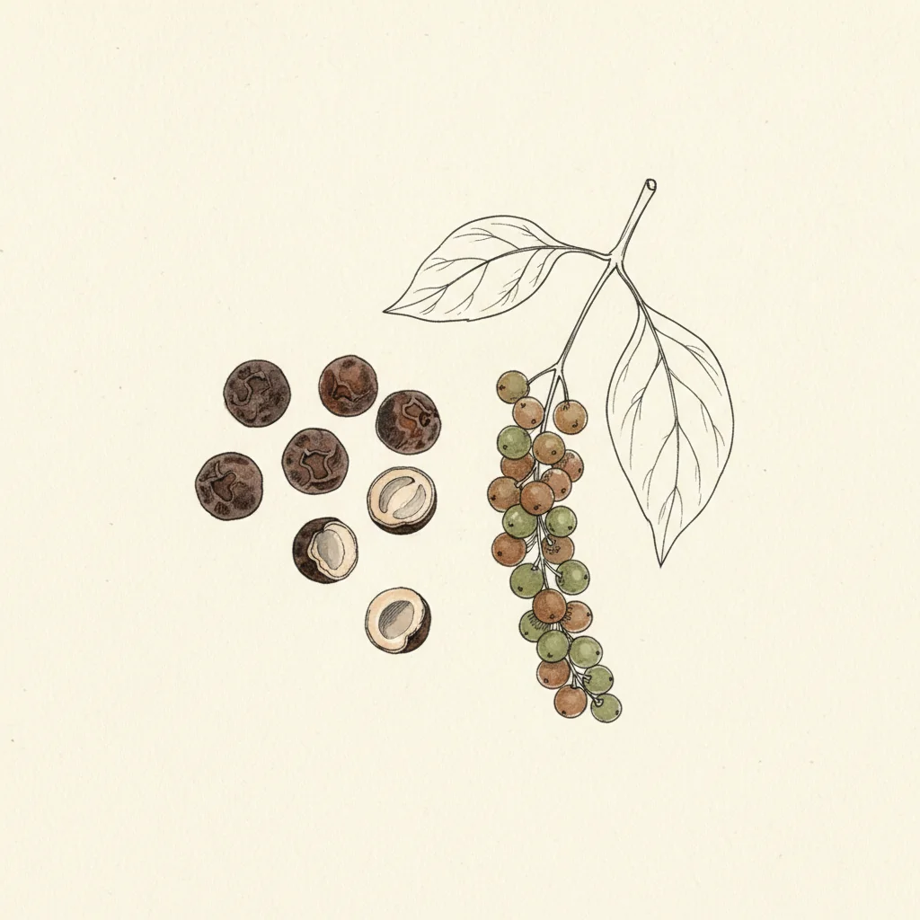 Tellicherry TGSEB black peppercorns, large uniform grains, matte black with brown highlights, macro on a mineral background